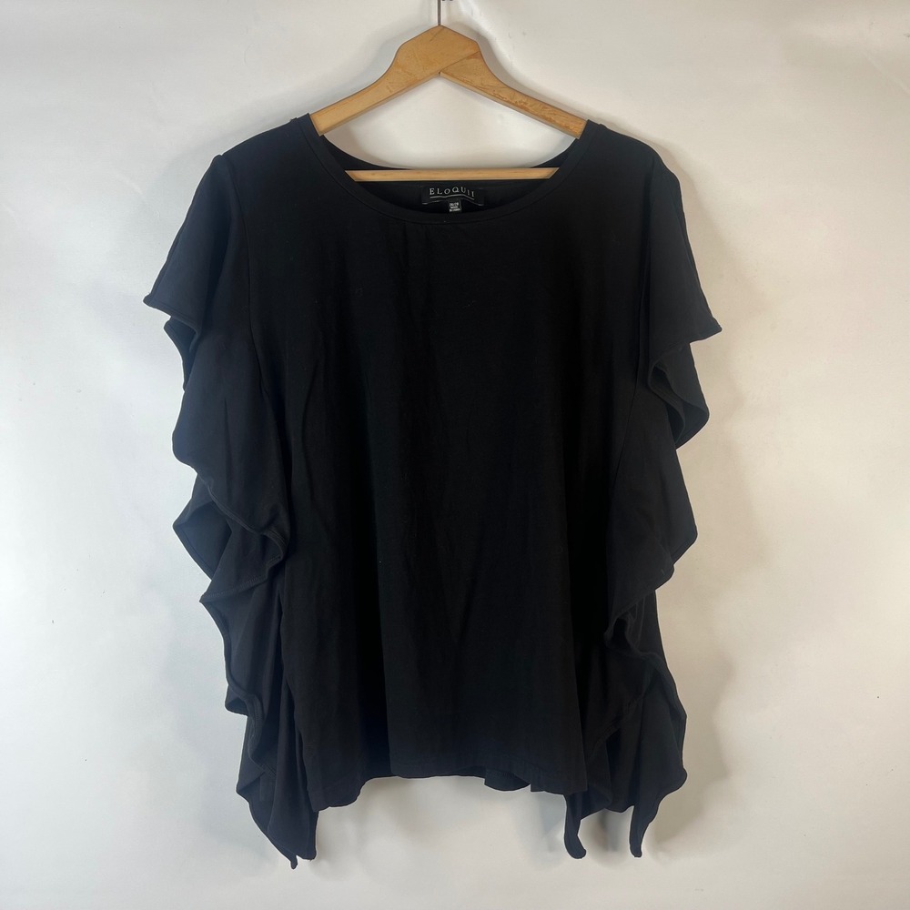 Eloquii Ruffle Side Top Women 26/28 Black Short Sleeve Plus Size Cotton Blend